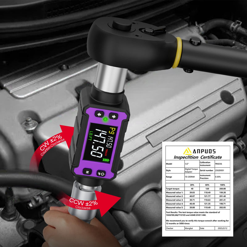 ANPUDS 1/2" Digital Torque Adapter Set (2.9-147.6 Ft-lb / 4-200 Nm) | Slim Electronic Torque Wrench Converter for Confined Spaces, ±2% Accuracy Torque Meter for Automotive, Motorcycle Repair 2.9-147.6 Ft.lb/4-200 Nm