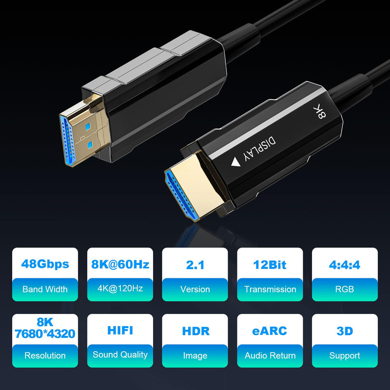Fiber Optic HDMI Cable 50ft, 8K Long HDMI 2.1 Cable, Ultra High Speed Fiber HDMI Cord, 48Gbps, 8K@60Hz 4K@120Hz, Dynamic HDR, eARC, HDCP 2.2&2.3, 3D, for HDTV Monitor Game Laptop Xbox PS4/PS5 50ft/15m Black