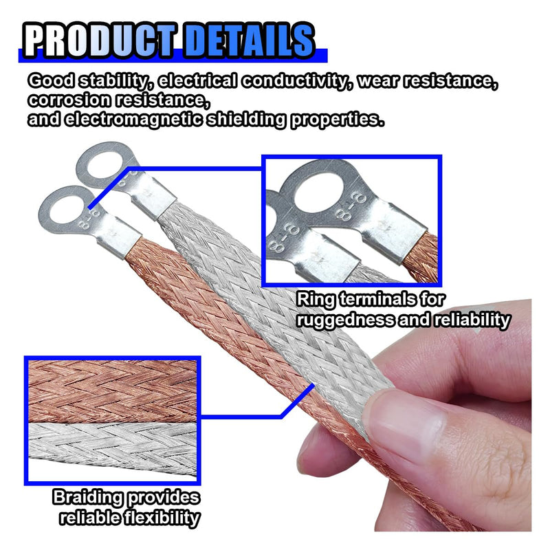 12 Pcs Universal Automotive Ground Straps, Tinned Copper Braided Ground Cable Strap with Ring Terminals, 10/15/20 Inch Auto Engine Grounding Strap for Most Vehicles