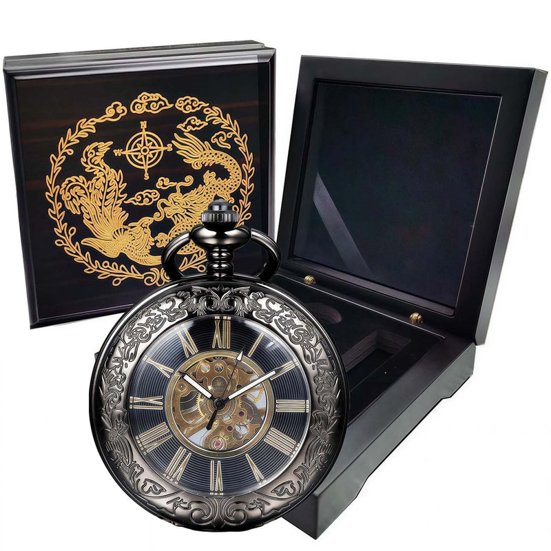 Mechanical Pocket Watch, for Men Women Special Magnifier Half Hunter Engraved Case Roman Numerals with Chain Bronze