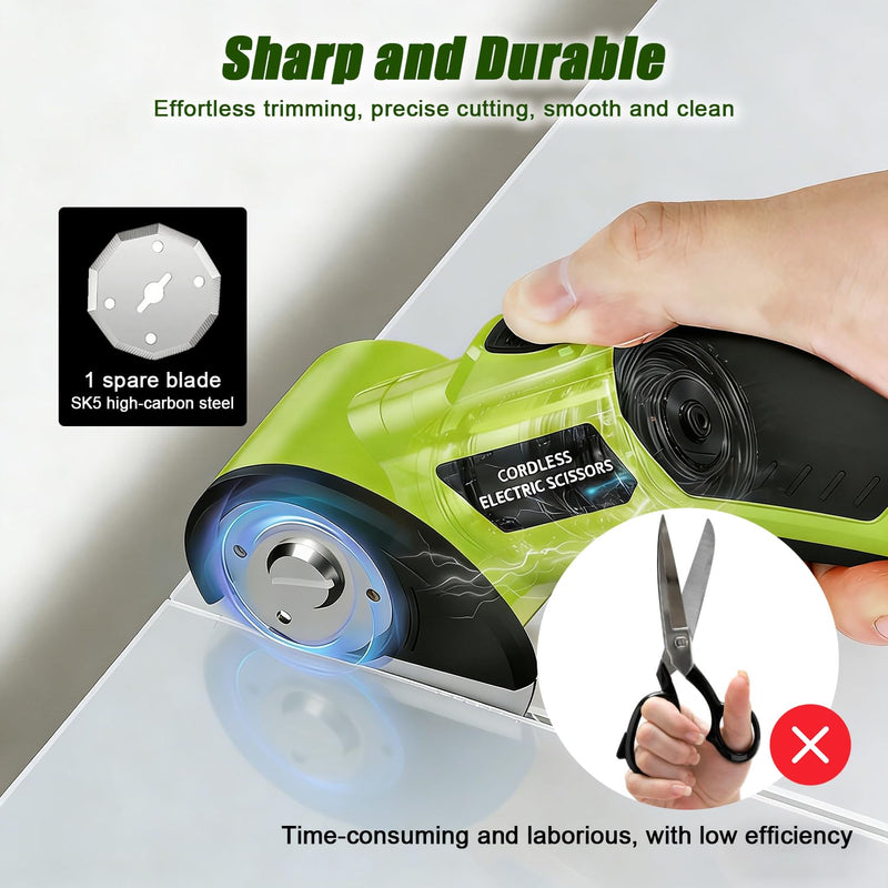 Cordless Electric Scissors, 4V Rechargeable Rotary Cardboard Cutter, 2 Blades, Safety Lock & LED Light, Multipurpose Cutter for Carton, Fabric, Carpet, Plastic, Leather
