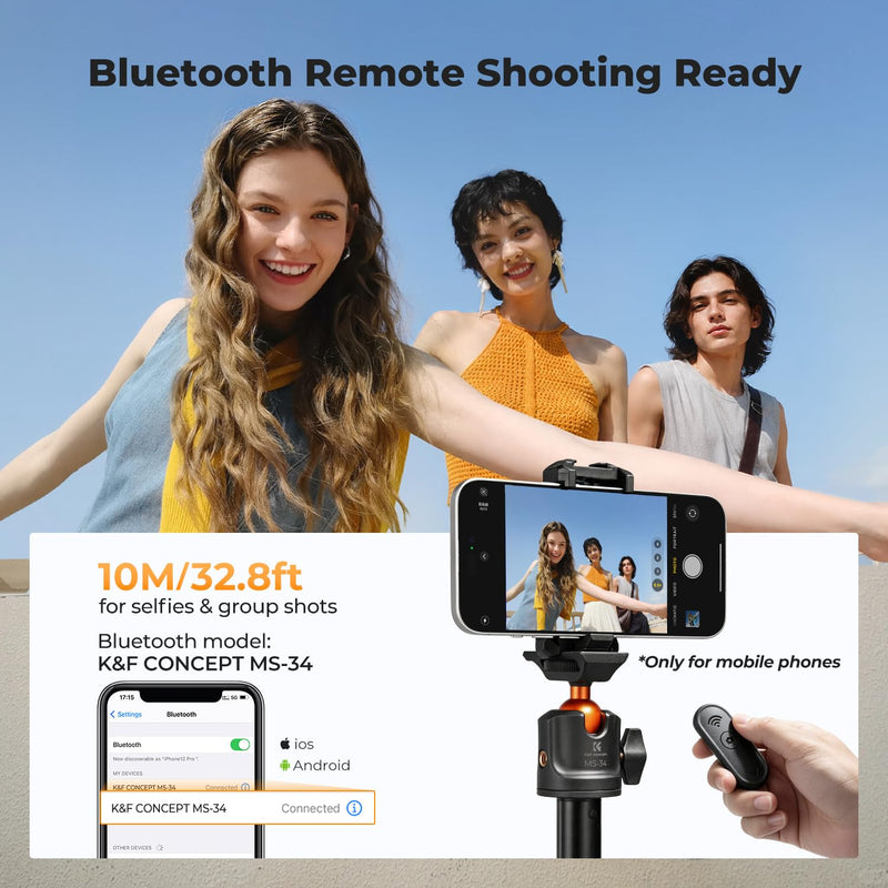 K&F CONCEPT Auto Open 62'' Selfie Stick Tripod with Remote for Vlog | 360° Ball Head Camera Tripod with 2-in-1 Phone Holder, Compatible with DJI Osmo Pocket 3 4 Insta360 Luna Ultra. MS34