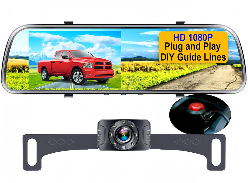 Backup Camera Mirror HD 1080P - Plug and Play Easy Set up Color Night Vision Rear View Mirror with License Plate Camera for Car Truck SUV Waterproof DIY Guide Lines AMTIFO A1