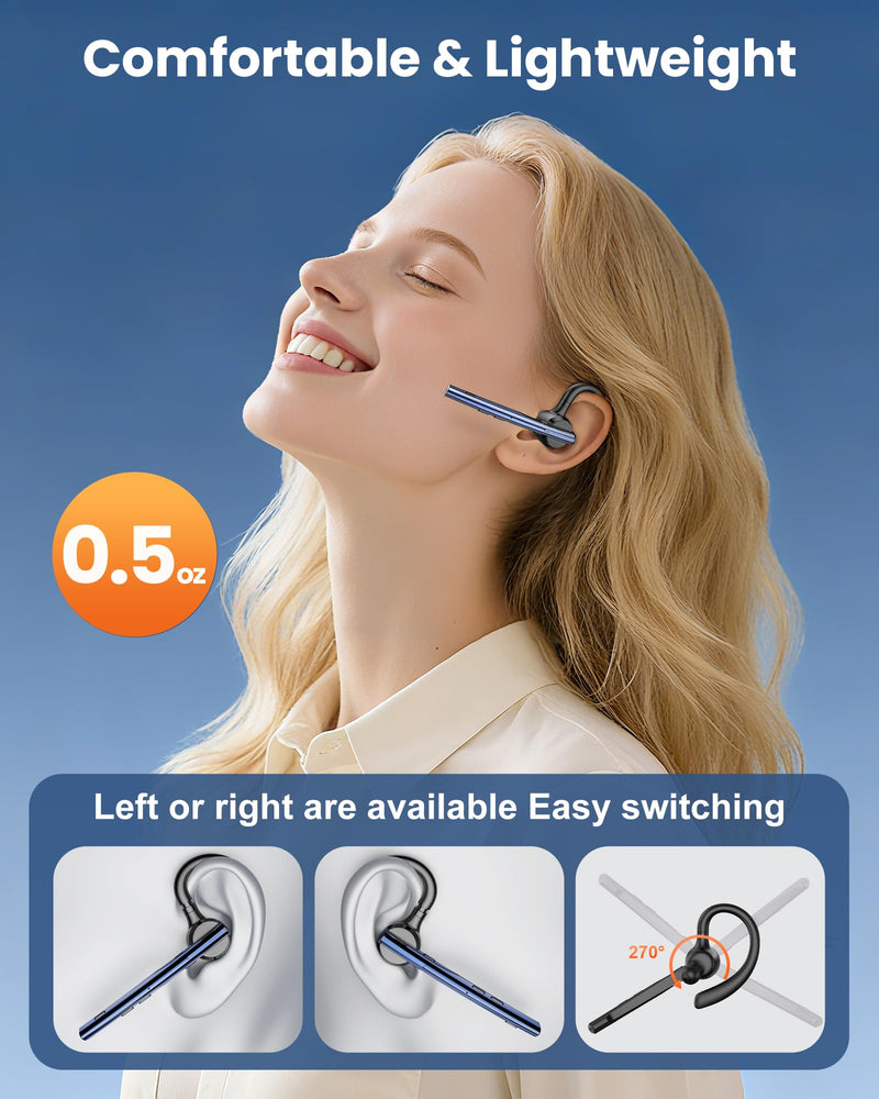New Bee Bluetooth Headset V5.1 72H Talk Time Dual Mic with Mute Button for Business, Wireless Hand-Free Bluetooth Earpiece with 500mAh Charging Case for Cell Phone Calls Trucker Driver Laptop Blue M54
