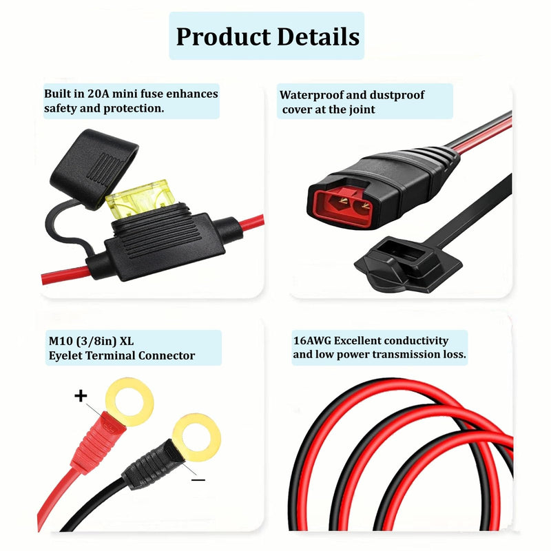 Suitable for Accessories of NOCO Battery Charger, GC008 X-Connect M10 (3/8 inch) XL Hole Terminal Connector, Replacement Wire Harness, smart Battery trickle Charger Cable, Equipped with 20A Fuse 1
