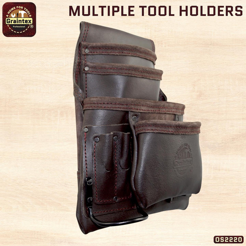 Graintex OS2220 10 Pocket Oil Tanned Leather Nail & Tool Pouch Dark Brown Color for Constructor/Electrician/Plumber