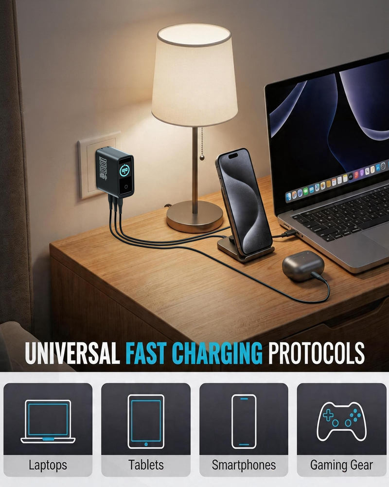 100w USB C Charger with Smart Display, 3-Port GaN Laptop Fast Charger Block | Power Adapter with Touch Controls for iPad, MacBook, iPhone 17/16 Series and More (Non Cord)