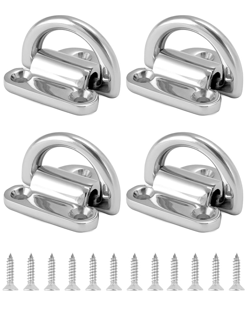 QWORK Marine Folding Pad Eye, 4 Pack Marine Grade Stainless Steel 316 D Ring Anchor, 44mm x 40mm Heavy Duty Desk Tie Down Anchor with Plate, for Marine Trailer Boats Truck