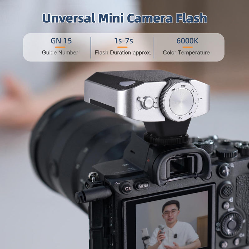 Andoer Retro Mini Camera Flash, GN15 with 6 Levels Flash Power, CCT 6000K±200K with S1/S2 Optical Control for Fuji, Canon, Nikon, Sony, Olympus Camera, Single-Contact Hotshoe