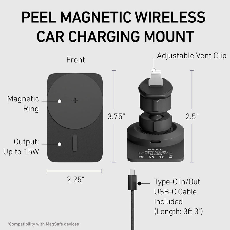 PEEL Magnetic Wireless Car Charger (Black) | Compatible with MagSafe Devices, 15W Fast Wireless Charging, Adjustable Vent Mount for iPhone 17/16/15/14/13/12