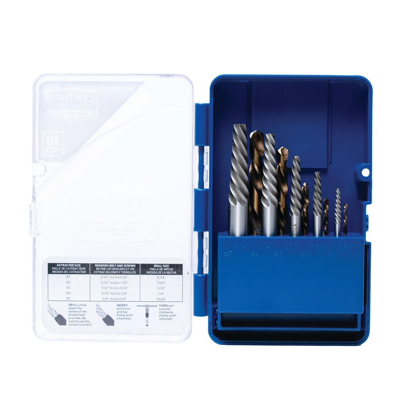 Century Drill & Tool 88710 Spiral Flute Screw Extractor & Left-Hand Drill Set, 10 Piece, M35 Cobalt Steel, Includes #1 - #5 Extractors & Left Hand Drills 10-piece Spiral Flute