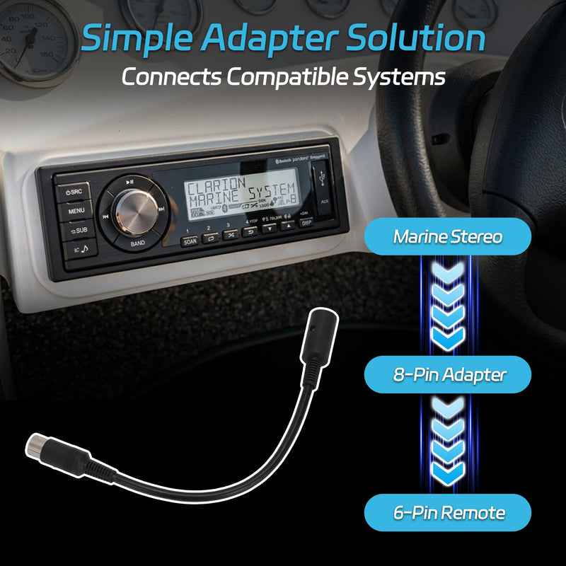 Marine Stereo Remote Adapter Cable, 8-Pin to 6-Pin for Marine Radios | Compatible with for Clarion CCUMRA1 applications. Connects 2009+ 8-pin marine stereos to earlier 6-pin wired remote controls