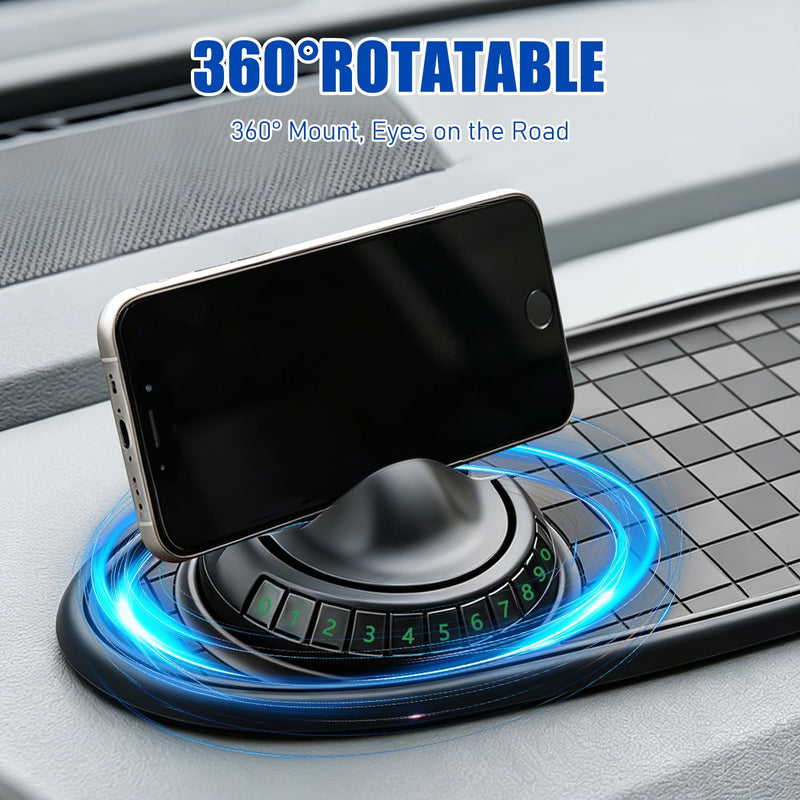 Multifunctional Car Anti-Slip Mat,With360° Rotating Adjustable Phone Holder and Temporary Parking License Plate Holder; Can Store Mobile Phones, Keys, Sunglasses and Other Items (Black and Gray) Black and Gray