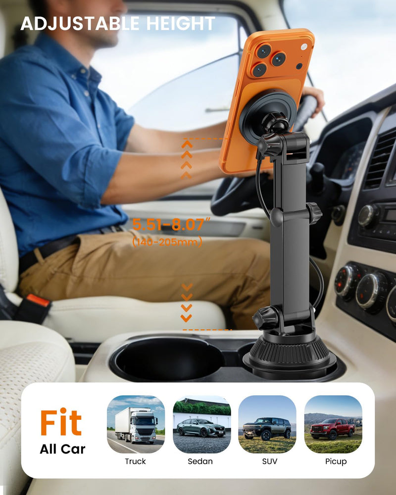 OHLPRO for MagSafe Cup Holder Car Mount Charger for iPhone 17, 15W Fast Charging Magnetic Cupholder Phone Mount, Compatible with iPhone 16 15 14 13 12 Series, for Kids Road Trip Essentials Gray