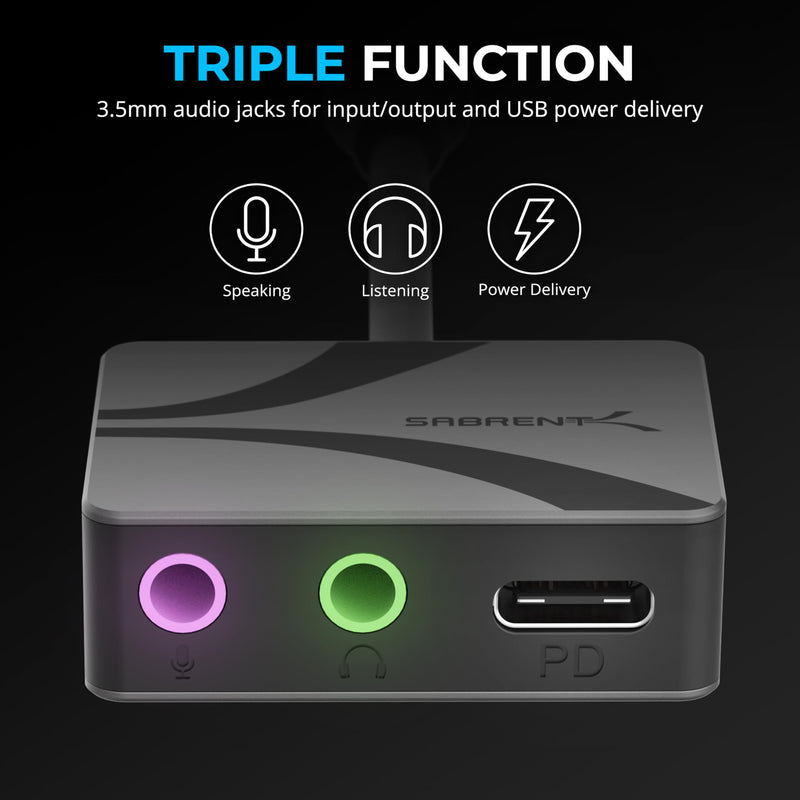 SABRENT USB Type-C to 3.5mm Audio Adapter with 100W PD, USB C External Sound Card for Headset Microphone Speakers Stereo Output 24-bit 96KHz Compatible with Laptop Tablet Smartphone (AU-PACM) USB-C Audio Adapter + 100W PD