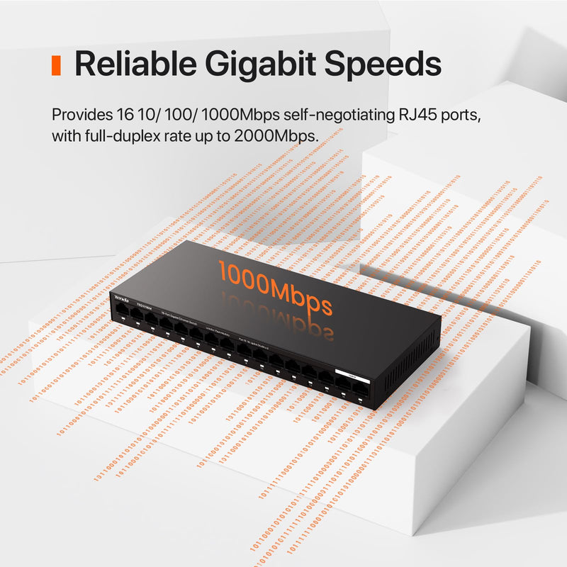 Tenda TEG1116M 16 Port Gigabit Switch, Unmanaged Ethernet Switch with Traffic Optimization, Plug & Play, Fanless & Metal Design Network Switch, Limited Lifetime Protection 1G | 16 Port