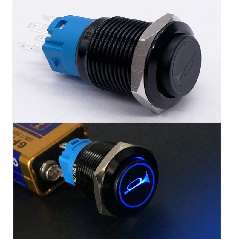 Twidec/16MM Raised Speaker Horn Momentary Push Button Switch 5/8" Mounting Hole 12V Blue Led Light Black Stainless Steel Shell 1NO 1NC SPDT with Pre-wiring Wires Switch For Car Modification BKG16LB-BU BK-blue