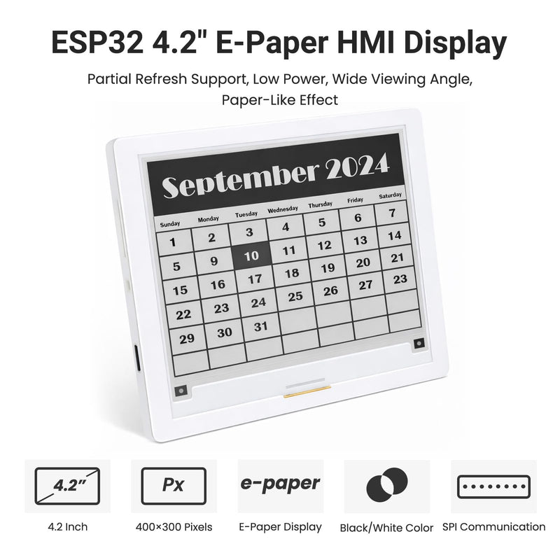 4.2 Inch E-Ink Display with ESP32-S3 Development Board | Black/White E-Paper Display with 400x300 Resolution, Driven by SPI Interface, Ultra-Low Power, Compatible with Arduino IDE 4.2" E-Ink Display