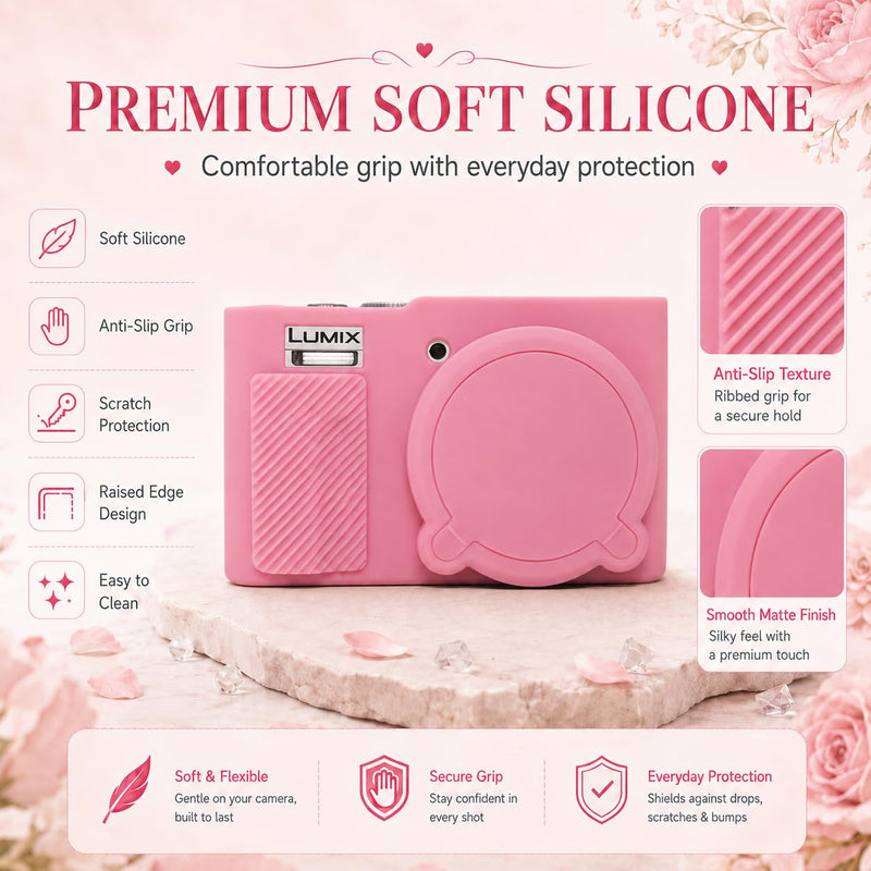Case for Panasonic LUMIX ZS99/TZ99 with 2-Pack Screen Protector | Removable Lens Cap Silicone Cover with Cute Charm Wrist Strap for Lumix DC-ZS99/TZ99 Case Accessories Pink