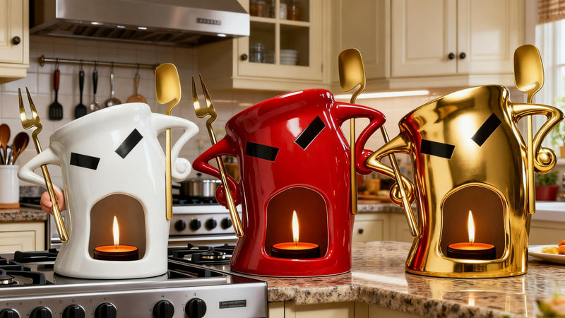 Ceramic Fondue Cup Set w/Built-In Fork & Spoon - Mini Chocolate/Cheese Fondue Mug | Microwave & Dishwasher Safe | Compact Gift-Ready (Red) Red