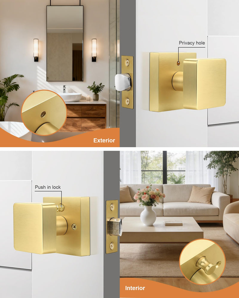 Probrico 1 Pack Gold Square Door Knobs, Modern Heavy Duty Design Door Handle for Bedroom Bathroom, Keyless Privacy Interior Door Knob with Lock