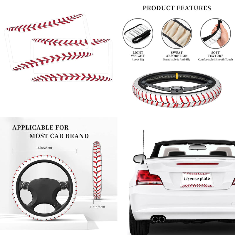 Baseball License Plate Frame & Baseball Texture Pattern Steering Wheel Cover Aluminum License Plate Covers Anti-Slip Breathable Steering Wheels Protector with Screws Fasteners Caps for Men Women 3PCS