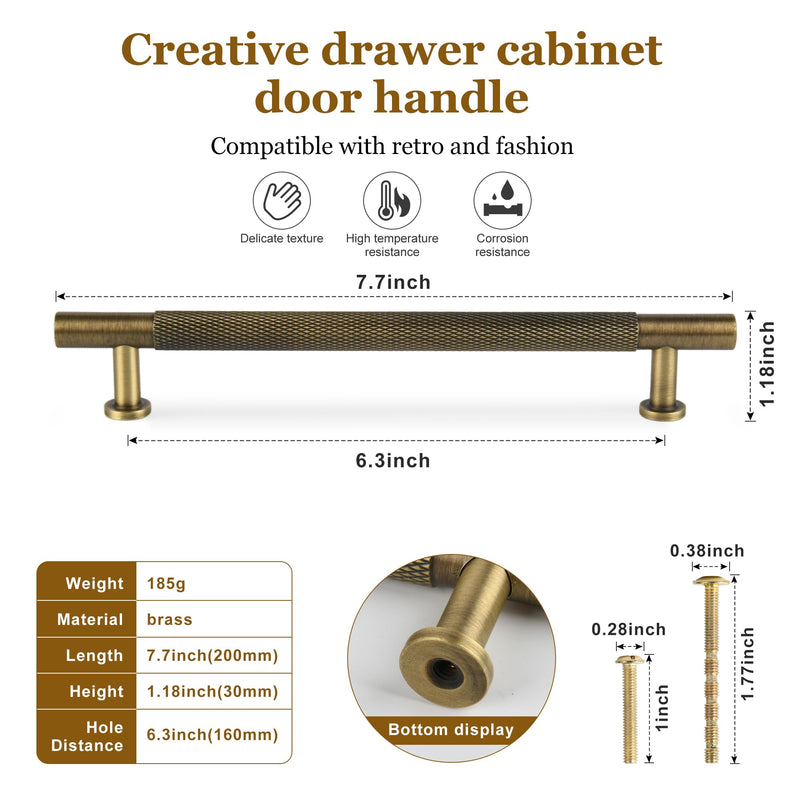2 Pack Antique Solid Brass Cabinet Handle, 6-1/4 inch（160mm） knurled Dresser Drawer pulls, Vanity Bathroom Cupboard Wardrobe Household Door Hardware 6-1/4 Inch Hole Center 2 Pack Antique Brass