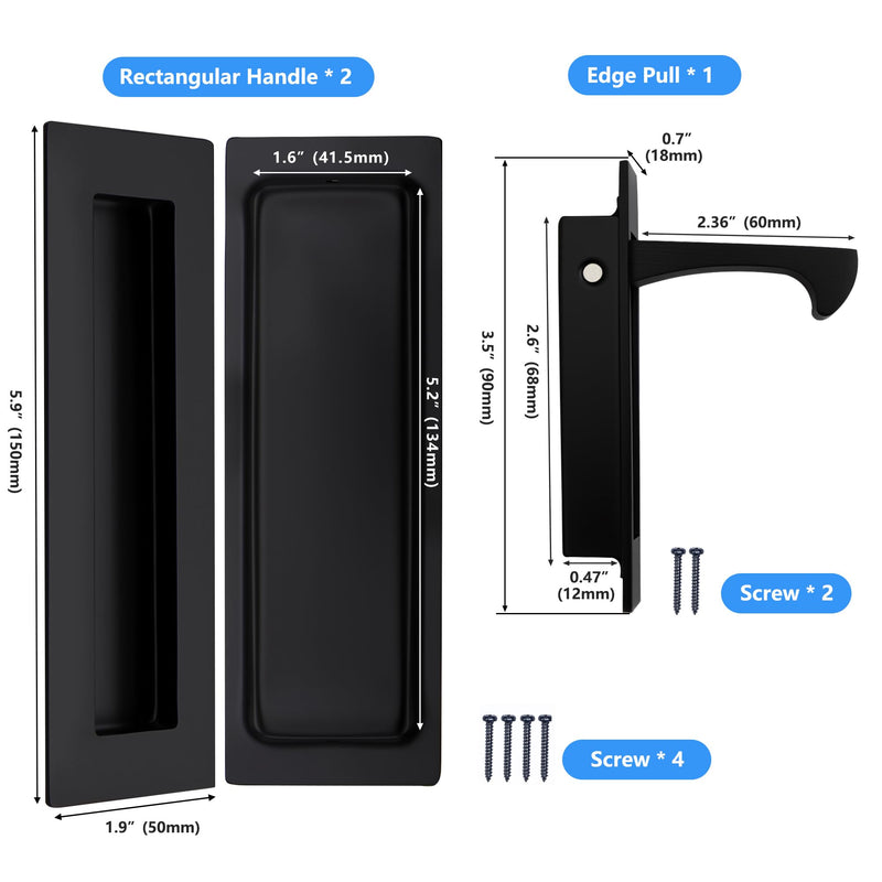 Dontay Sliding Pocket Door Handles, 304 Stainless Steel Non Locking Pocket Door Hardware, Recessed Flush Finger Pulls, Heavy Duty Edge Pull (1 Set, Matte Black, 6 Inch) 1 Set