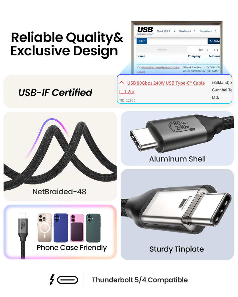 Silkland 80Gbps USB 4 for Thunderbolt 5 Cable, [USB-IF Certified] 120Gbps Bandwidth for 16K/Dual 8K, 240W Charging, High Speed USB C Cable Compatible Thunderbolt 4, MacBook,iPhone 17, Mac Mini,SSD,4FT 4 Feet