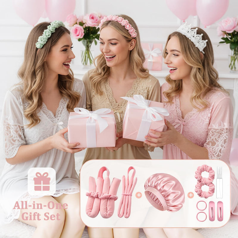 Heatless Hair Curler Overnight 11Pcs Set, 2 Sizes of Hair Rollers for Women with Bonnet to Sleep In, No Heat Curlers with Scrunchies and Clips, for Long and Medium Hair (pink) pink
