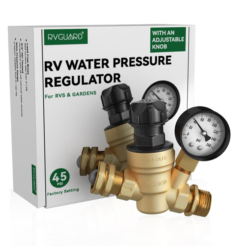 RVGUARD RV Water Pressure Regulator Valve With An Adjustable Knob, NO Tool Required, Brass Lead-Free Water Pressure Reducer with Gauge and Inlet Screen Filter for RV Camper Travel Trailer