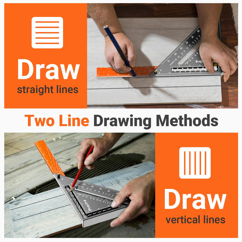 Preciva Foldable Carpenter Square Ruler, 12" (1/16" Scale) Aluminum Alloy Rafter Square Multi-Purpose Carpenter Tool Measuring Layout Tool for Woodworking and Carpentry, Includes Pencil