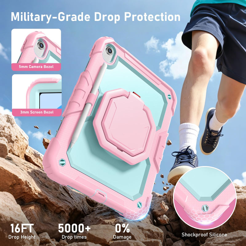 Case for iPad (A16) 11th/10th Generation 11"/10.9" 2025/2022, Pink Mint | Full-body Heavy Duty iPad A16 Case for Adults Kids with Screen Protector, 360° Rotating Stand, Shoulder Strap, Pencil Holder Pink+Mint