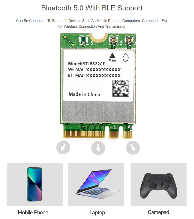 RTL8822CE Wireless NIC RTL8822CE Wireless Card, 2.4G/5GHz Dual-Band WiFi 5, Bluetooth 5.0, RTL8822CE-CG Core, High Speed and Low Latency for Jetson Xavier NX Jetson Orin NX Jetson Orin Nano,etc.