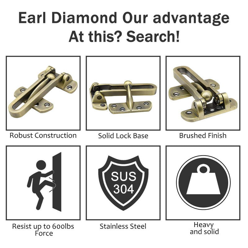 Earl Diamond Door Lock Latch for Home Security - Swing Bar Door Guard for Front and Inside Door, Safety Childproof Reinforcement Door Stopper for Kids Home Hotel Apartment, Antique Bronze