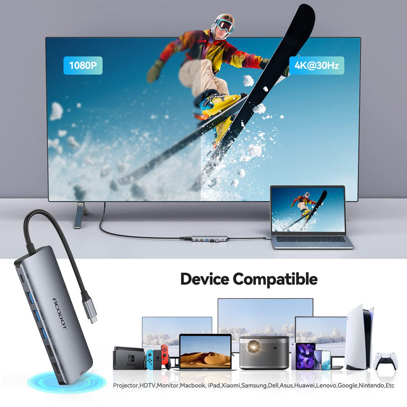 USB C Hub, Acodot 9 in 1 Type C Hub Adapter Portable Docking Station Aluminum Dongle Compatible with MacBook Pro/Thunderbolt 3 Laptops of Type C Devices, with 4K HDMI/ 5 USB Ports/ 100W PD/SD/TF 4K30HZ