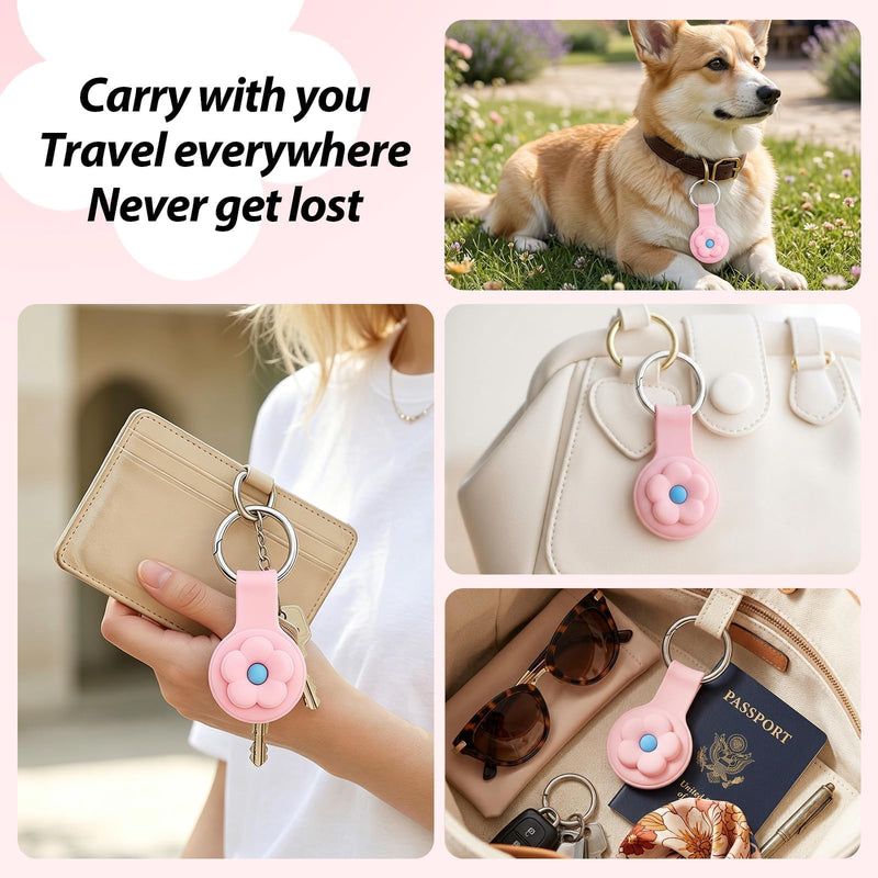 Linsaner Silicone Case Compatible with AirTag, Pink+Pink Flower | Cute 3D Cartoon, Shockproof, Keychain Cover, Kawaii, Tracker Holder, Key Ring, Kids Backpack, Purse, Keys E8-Pink+Pink Flower