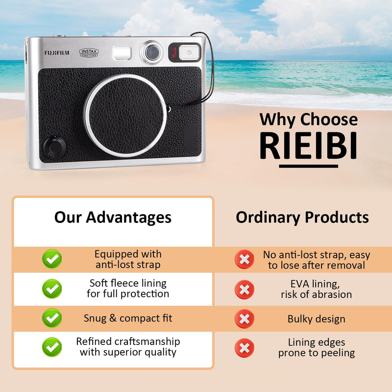 Rieibi Lens Cap for Fujifilm Instax Mini Evo, Fuji Instax Accessories - Anti-Scratch Retro Leather Aluminum Lens Cover with Flocking Internal, Anti-Lost Wrist Strap-Black Texture Black