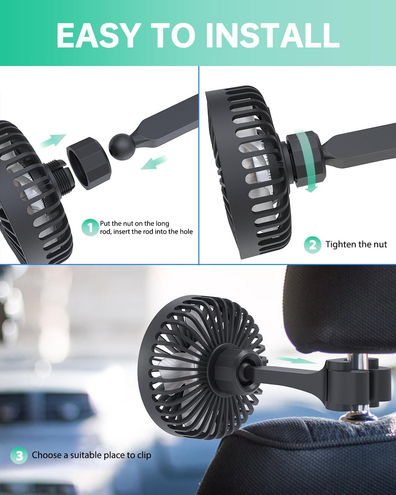 TriPole Car Fan for Rear Seat USB Powered Car Cooling Fan Powerful 3 Speed 5V Air Circulation Fan with Adjustable Clip for Vehicles SUV RV