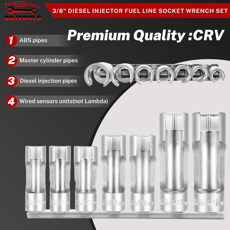 BILITOOLS Diesel Injector Fuel Line Socket Wrench Set, 3/8" Drive 10-19mm, for Thermo Switches, EGT Sensors, and Fuel Lines, Fastener on Bent Pipes, CRV