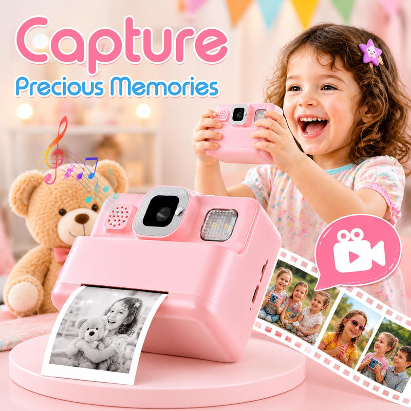Instant Print Camera for Kids, 1080P Kids Camera Instant Print, Christmas Birthday Gifts for Kids Girls Age 3-12, Toddler Toy for 3 4 5 6 7 8 9 10 Year Old with 4 Roller Photo Paper (Pink) Pink