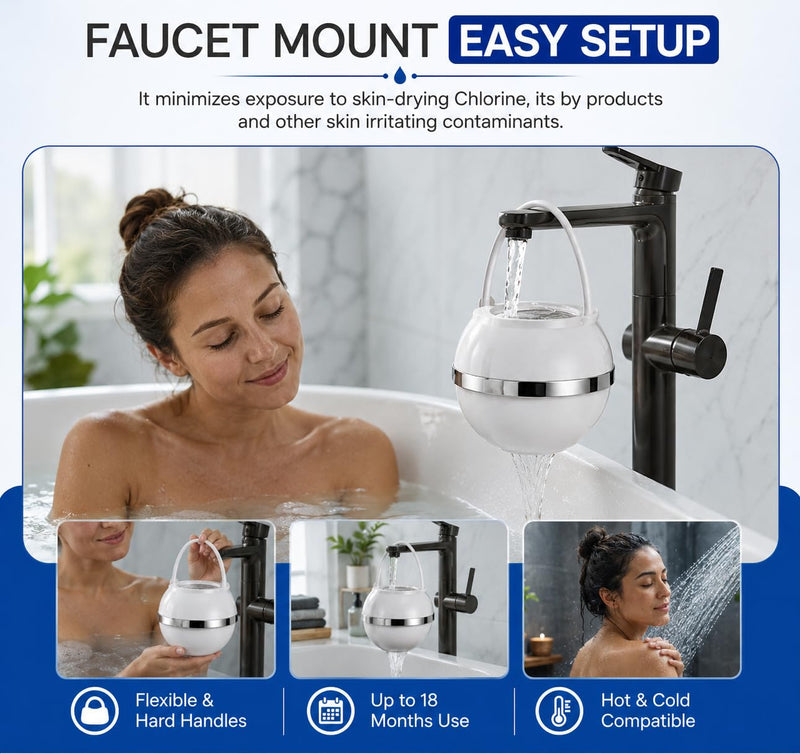 Crystal Quest Bath Ball Filter for Tub Faucet, Bathtub Water Filter, BPA-Free Bathtub Filter, Removes Chlorine, Lead & Impurities, Improves Skin, Hair & Nails, Long Lasting, Fits Most Tubs - White Single Bath Ball