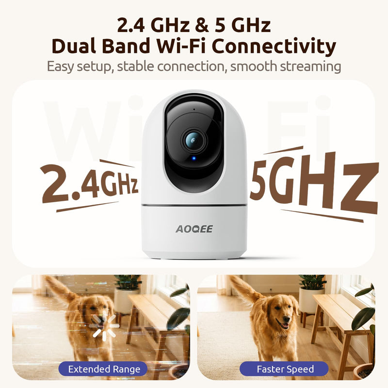 AOQEE 5G Cameras for Home Security Indoor, Pet Monitor w/Phone APP G5 2Pcs | Dual-Band Wi-Fi Indoor Camera with 24/7 TF Card Storage, 360 PTZ Auto-Tracking Pet/Dog/Cat/Puppy/Nanny, Motion Alert, Plug-in White-2Pack