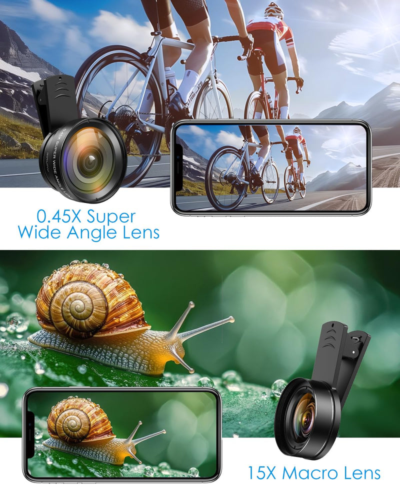 Phone Camera Lens Kit, 0.45X Wide Angle + 15X Macro Lens | 2 in 1 Lens Attachment for iPhone 17/16/15/14/13, Phone Clip-on Lens for iPhone/Android, Includes Travel Bag