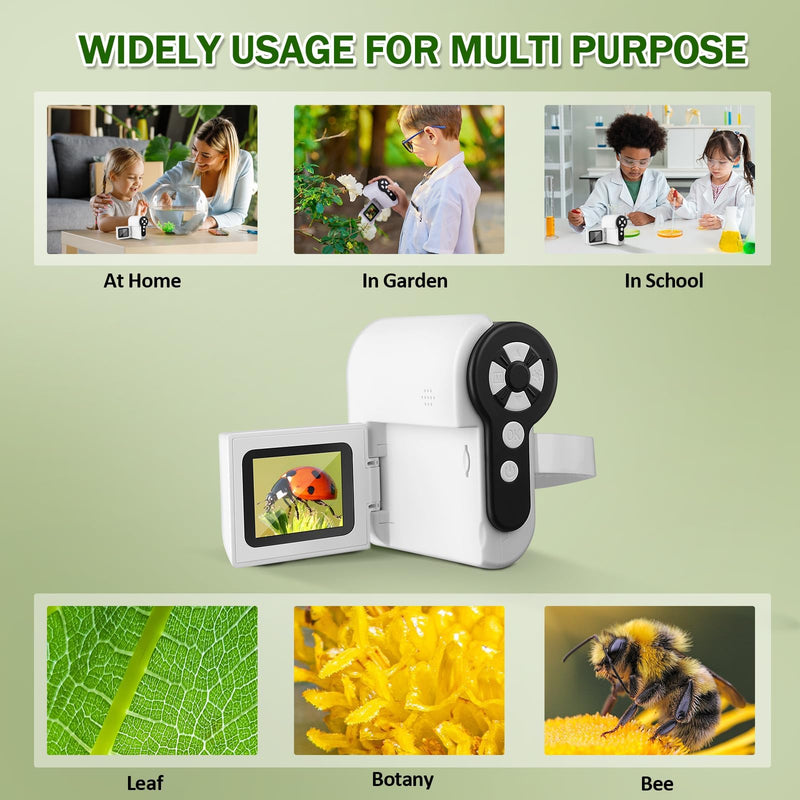 Microscope for Kids, 1000X Handheld Kids Microscope with 6 Adjustable LED Lights, 2'' LCD Screen Mini Portable Microscope for Kids 8-12, 32GB SD Card Including Back to School Supplies White