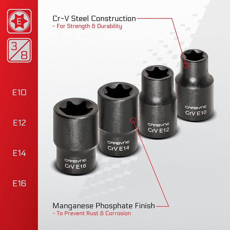 CARBYNE 13-Piece External Torx (eTorx, Female Torx) Socket Set, E4 to E24 | Chrome Vanadium Steel, 1/4, 3/8 & 1/2 inch Drive • From a Family-Run Tool Company Based in the U.S.A.