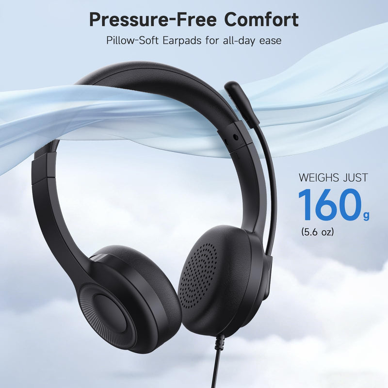 AOC USB Headset with Microphone for PC, On-Ear Wired Headphones with Mic | with Noise-Cancelling, 40mm Audio Drivers, USB-A Computer Headset for Office, Teams, Call Centers & Online Meetings (Black) Black