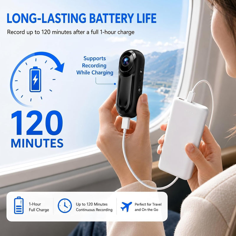 1080P Mini Body Camera with Audio and Display, Thumb Size Body Worn Camera, Wearable POV Video Recorder with 360° Rotating Clip & Magnetic Clip for Vlogging, Travel, Cycling, Pet Walking, No SD Card Black