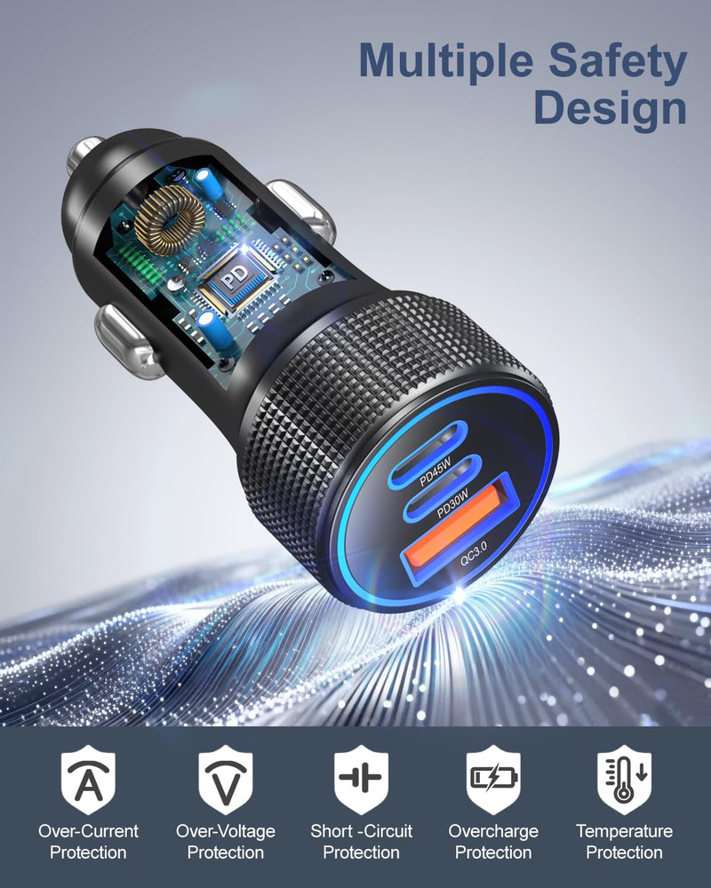 Car Charger USB C Fast Charge 45W & 30W, Besgoods 3 in 1 Cigarette Lighter Adapter [USB C & USB A] PD3.0 PPS for iPhone 17/16/15 Pro Max Galaxy S26 Ultra S25 FE S24 S23, 2Pack Black