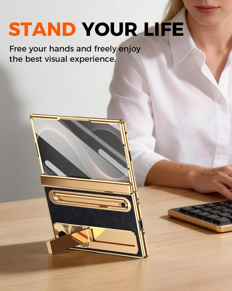 NINKI for Samsung Galaxy Z Fold 8 Case with S Pen Holder & Stylus, Galaxy Z Fold 8 Phone Case with Stand & Screen Protector, Plating Leather Hinge Protective Cover for Samsung Fold8 – Gold with Black Gold+Black